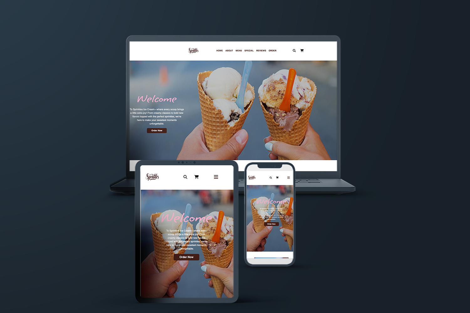 A tablet, desktop and mobile mockup for my sprinkles website